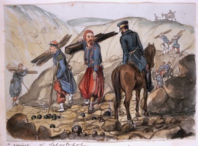 A ravine of Sebastopol after the explosion in the mamelon vert: a Zouave collects wood from the remains, from an album of paintings and sketches known as 